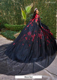 This flawless quinceañera gown combines the bold drama of black with vibrant red or sublte pink with gold floral appliqués, Matching Cape. Style #: RQ1144