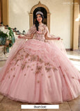 This flawless quinceañera gown combines the bold drama of black with vibrant red or sublte pink with gold floral appliqués, Matching Cape. Style #: RQ1144