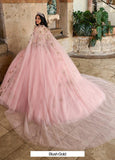 This flawless quinceañera gown combines the bold drama of black with vibrant red or sublte pink with gold floral appliqués, Matching Cape. Style #: RQ1144