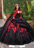 This flawless quinceañera gown combines the bold drama of black with vibrant red or sublte pink with gold floral appliqués, Matching Cape. Style #: RQ1144